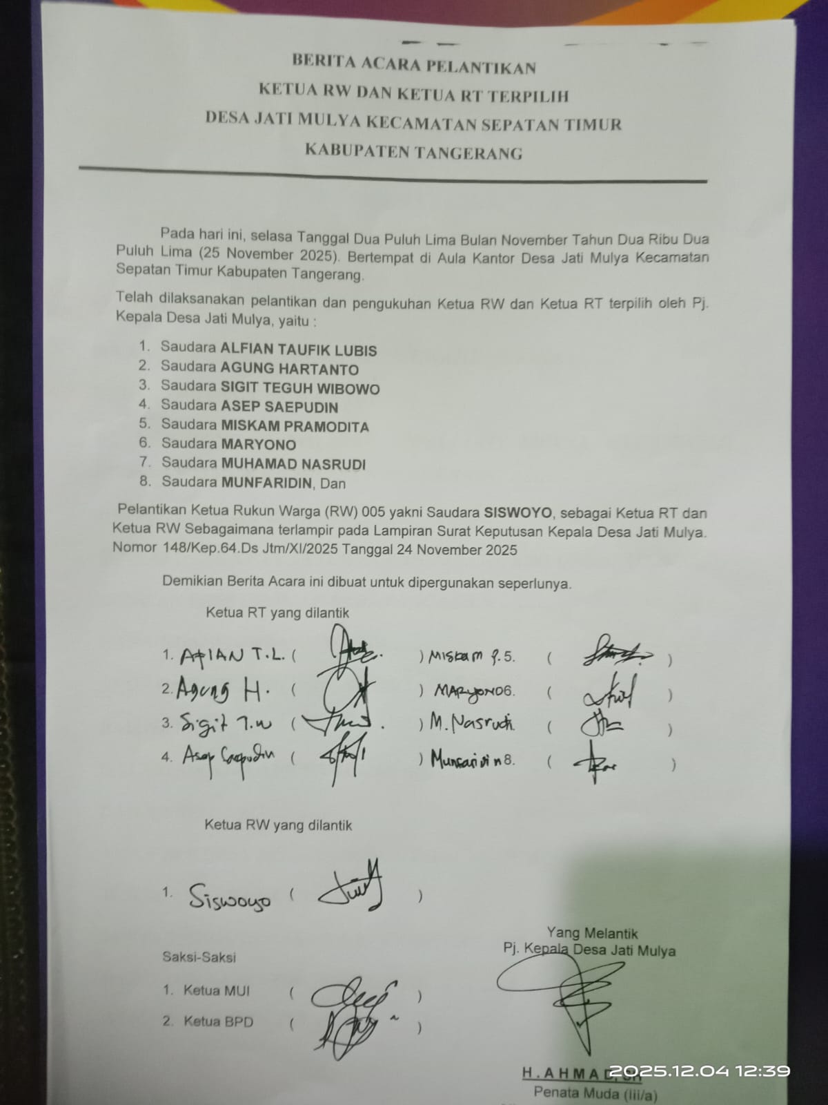 *PJ Kepala Desa Jatimulya Tegaskan Ketua BPD Hadir Dipelantikan Penambahan RT dan RW 1 IMG 20251204 WA0152 Klik Pantura