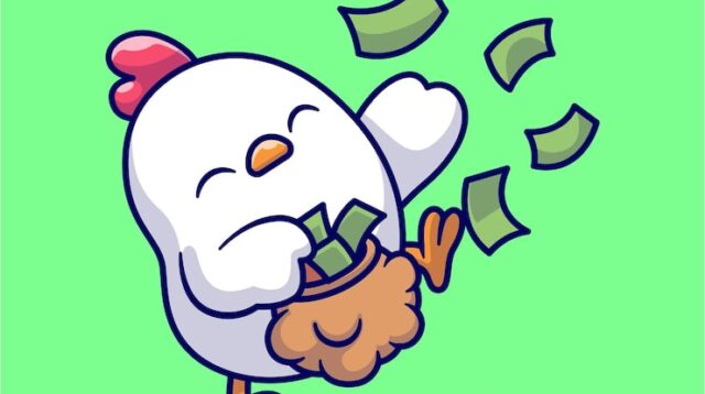 ilustrasi ikon vektor kartun ayam kaya lucu melempar uang ke dalam tas hewan keuangan terisolasi datar 138676 11503