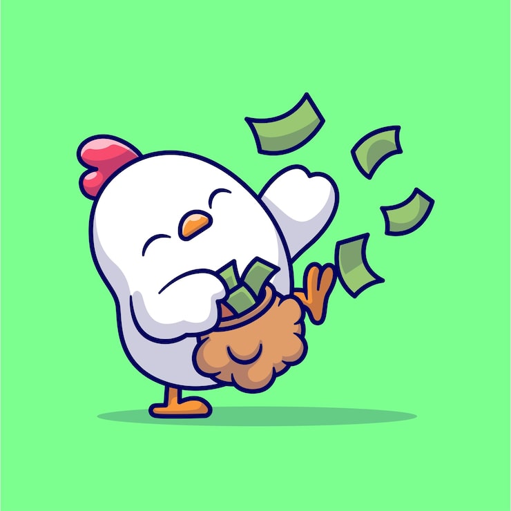 ilustrasi ikon vektor kartun ayam kaya lucu melempar uang ke dalam tas hewan keuangan terisolasi datar 138676 11503