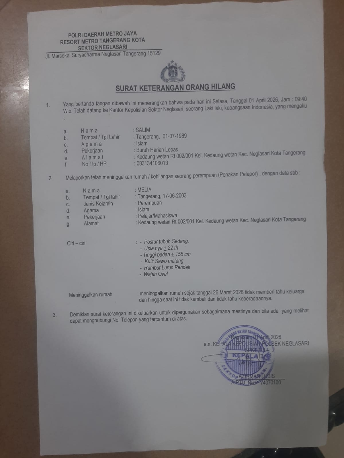 Pelajar di Kedaung Wetan Neglasari Dilaporkan Hilang Sejak Akhir Maret, Keluarga Tempuh Jalur Kepolisian 1 IMG 20260405 WA0127 Klik Pantura